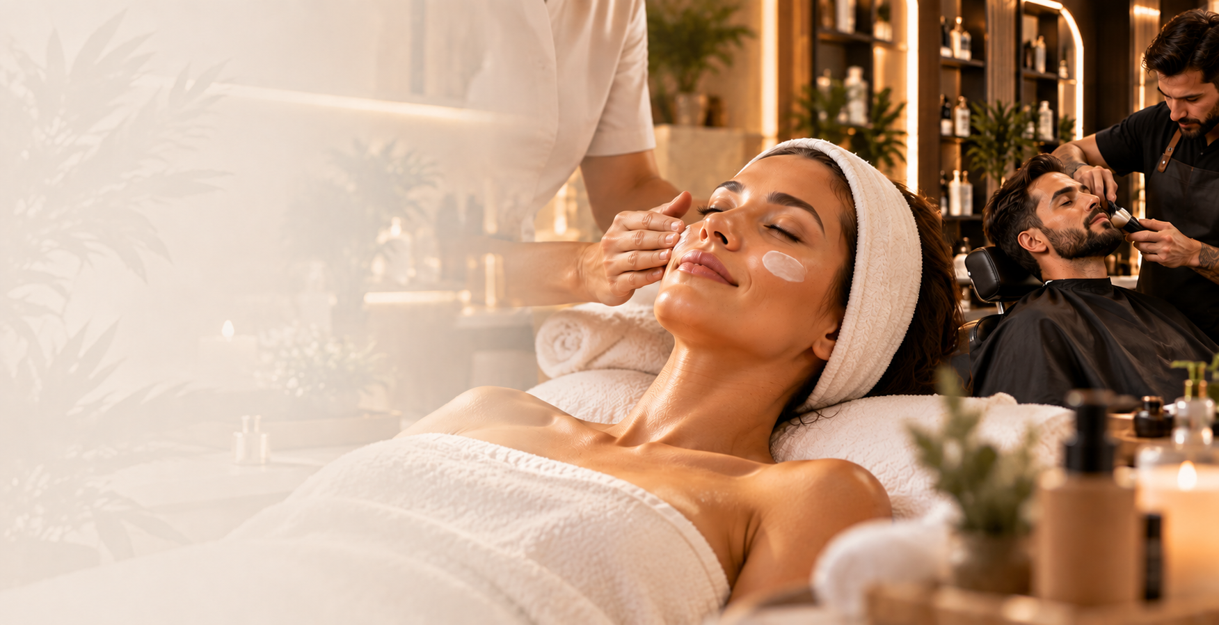 Mulher recebendo um tratamento facial em um spa, com um homem cortando o cabelo ao fundo