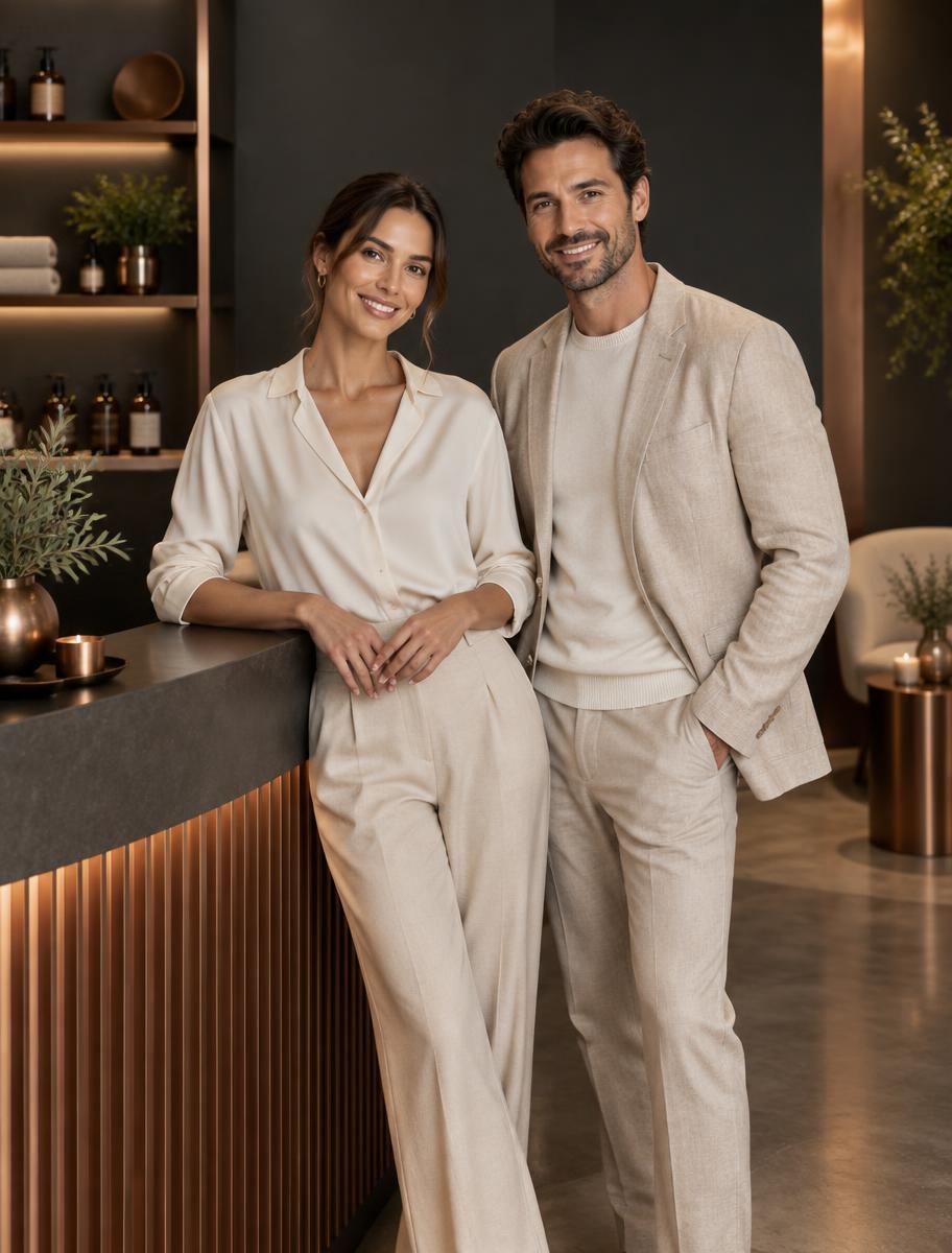 Mulher e homem sorrindo na recepção de um salão de beleza
